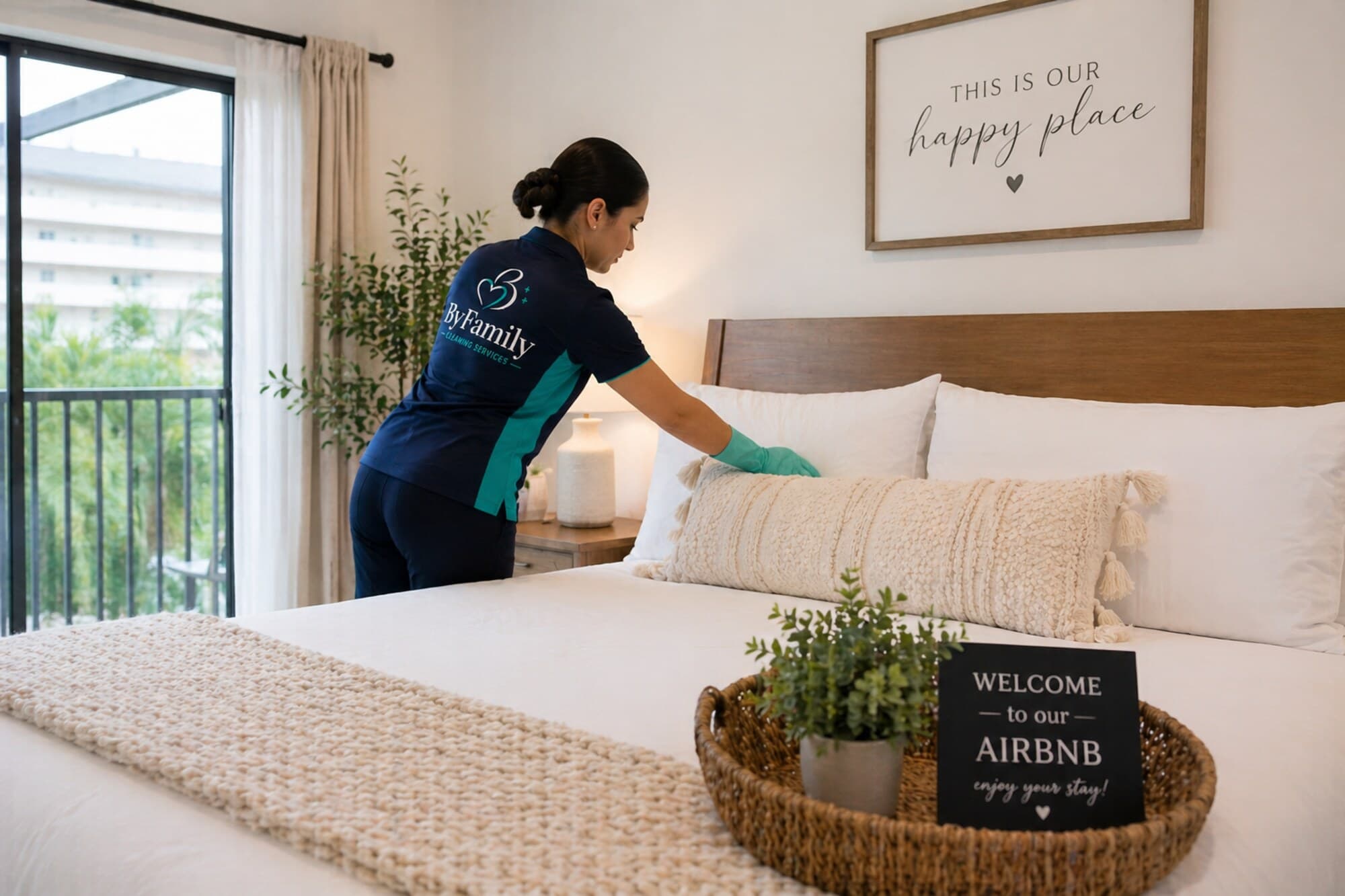 ByFamily team member preparing a vacation rental bedroom with welcome tray