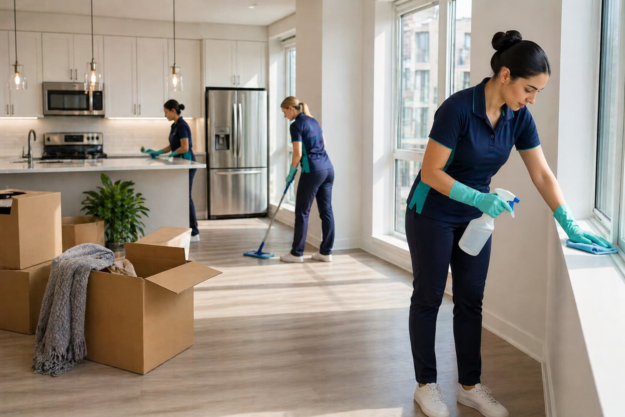 ByFamily crew cleaning an empty home with moving boxes during a move-in service